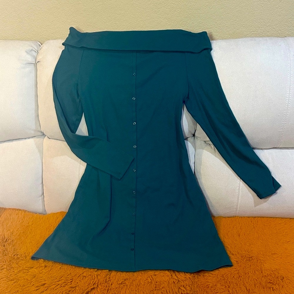 Wild Fable Teal Green Off-Shoulder Ribbed Long Sleeve Dress Size XXL New - Picture 3 of 4